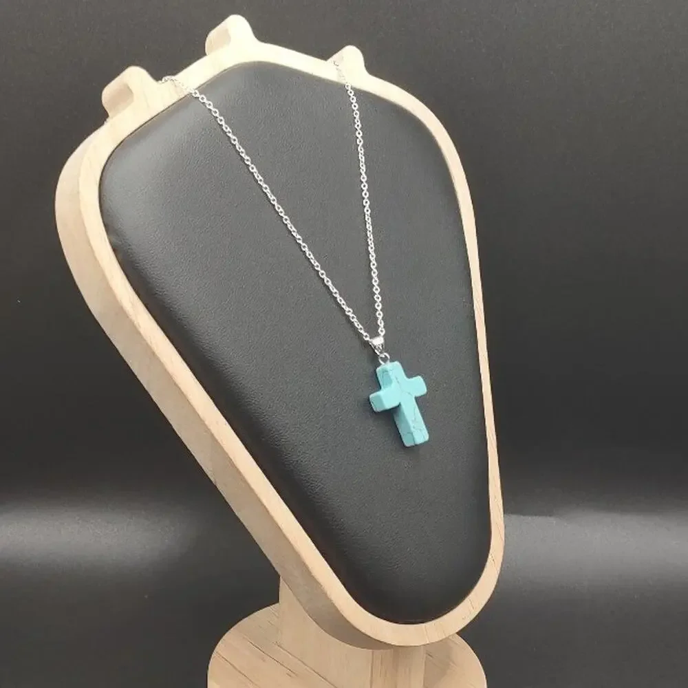 925 Silver Necklace W/ Turquoise Cross Pendant Western Native Christian Gift