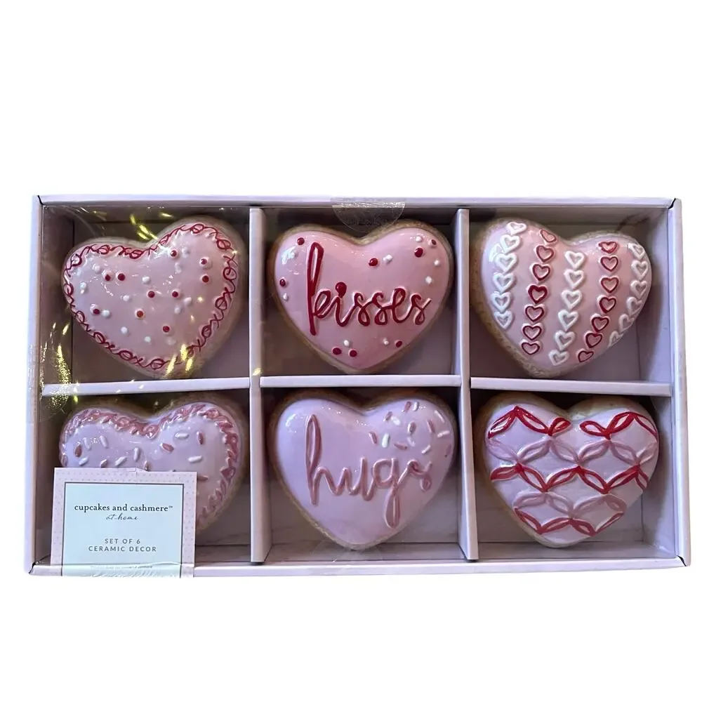 Cupcakes and Cashmere Valentine's Day Ceramic Heart Shaped Donuts Set of 6 New