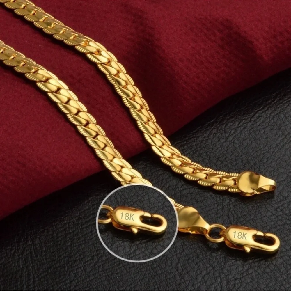 Gold 45cm 5MM Full Sideways Chain Necklace For Women Men Fashion Jewelry