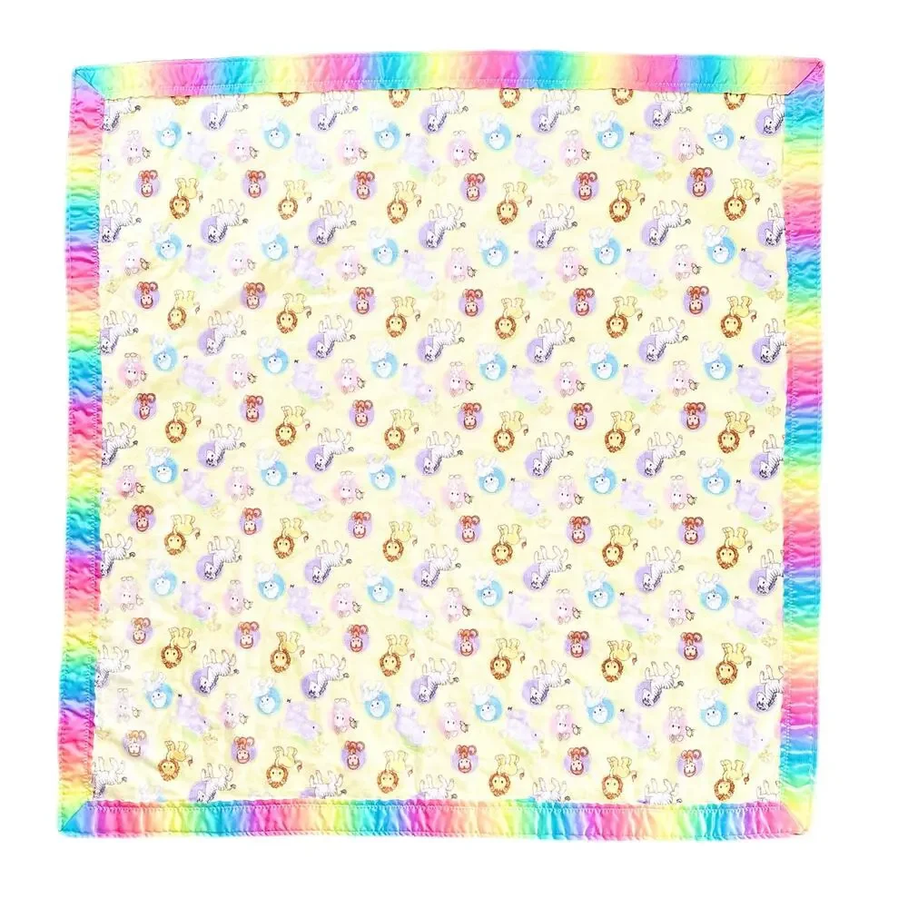 Vintage Handmade Precious Moments Animal Fleece Tie Dye Satin Trim Baby Blanket