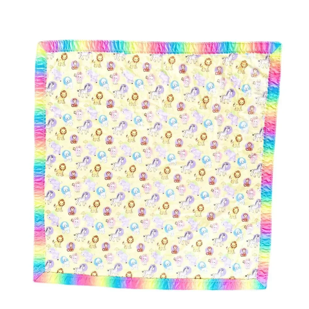 Vintage Handmade Precious Moments Animal Fleece Tie Dye Satin Trim Baby Blanket