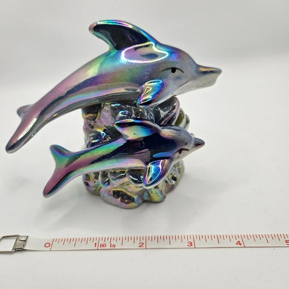 Double Dolphins K's Collections Ceramic Blue Purple Pink Iridescent Luster