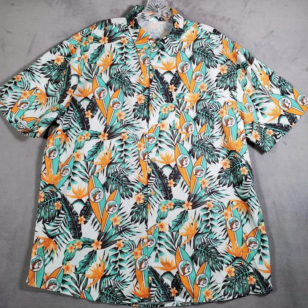 Bucees Hawaiian Shirt Mens XL Green Camp Tropical Print Button Up Palm Surfboard