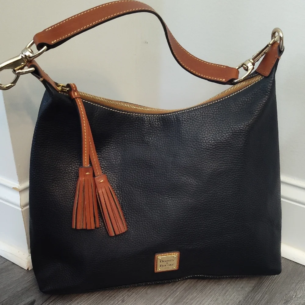 Dooney & Bourke Black and Brown Leather Hobo Bag with Tassels