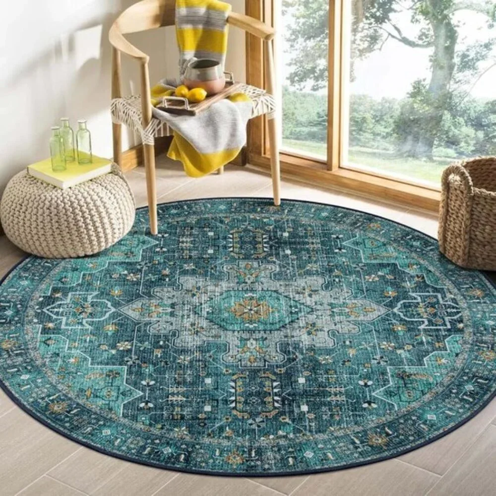 Ultra-Thin 4ft Round Rug, Washable Teal Oriental Carpet for Home & Room Decor