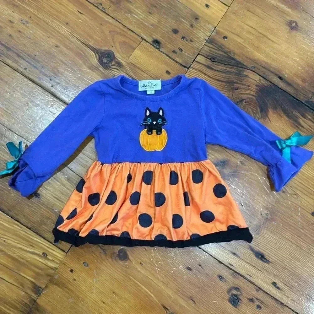 Marie Nicole Purple Cat Halloween Pumpkin Polka Dot Top Shirt size small 3T