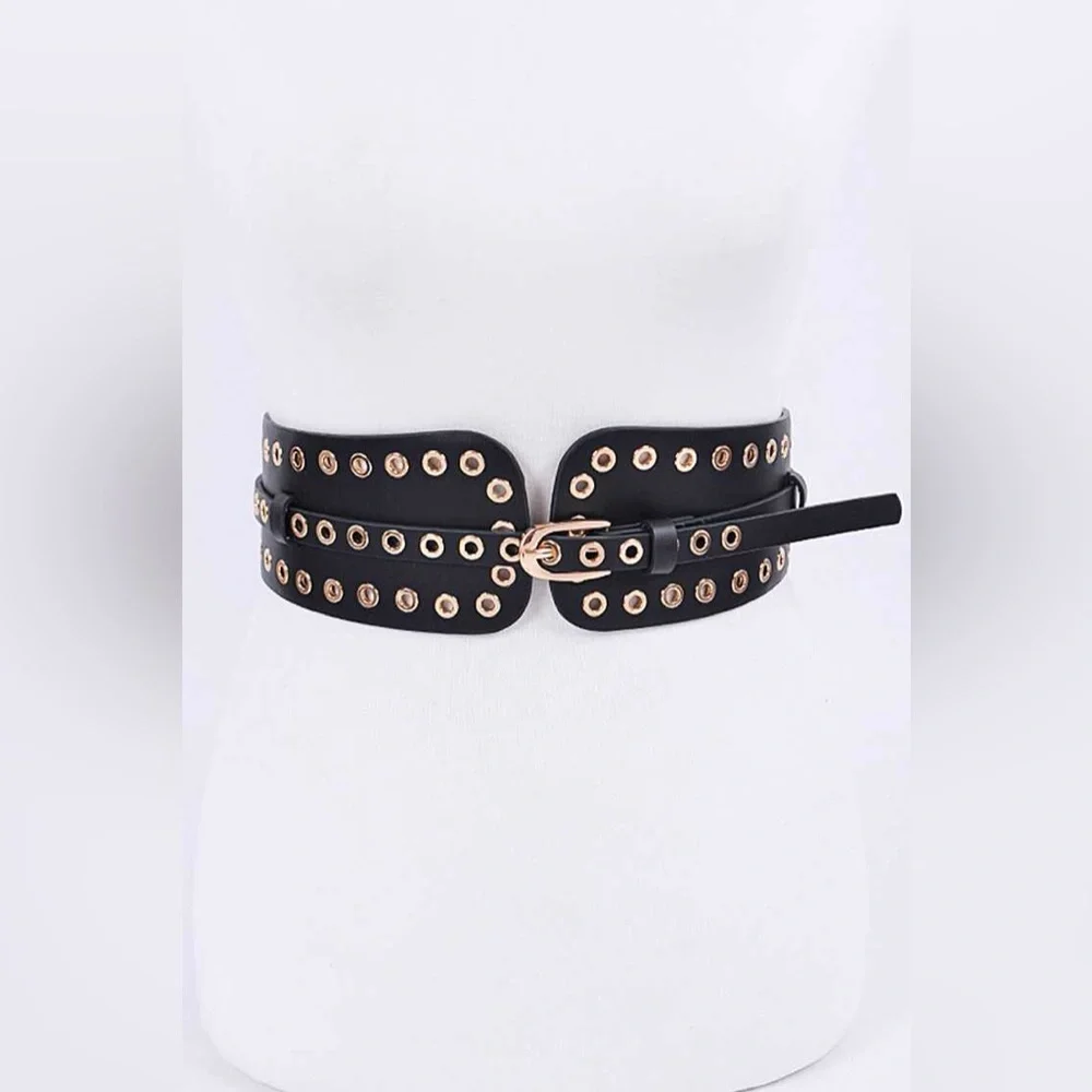 Black Grommet Vegan Leather Statement Belt