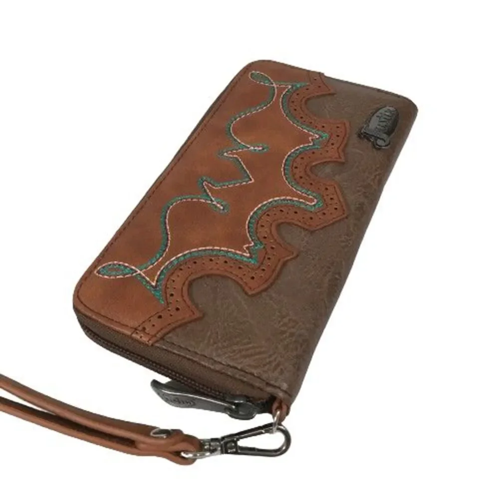 Justin Women Wallet Western Wristlet Clutch Brown Teal Embroidery Zip Around New