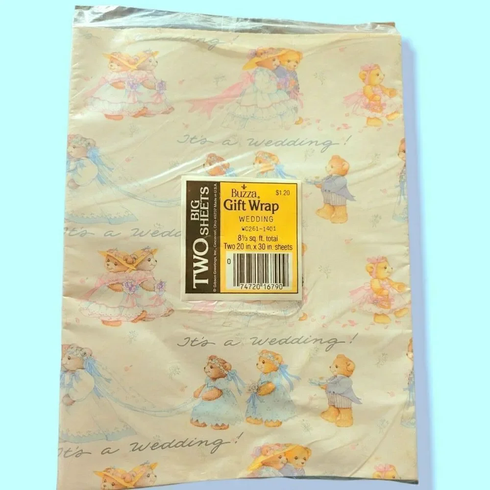 Vintage 90s Gibson Greetings It's a Wedding Teddy Bear Giftwrap NOS