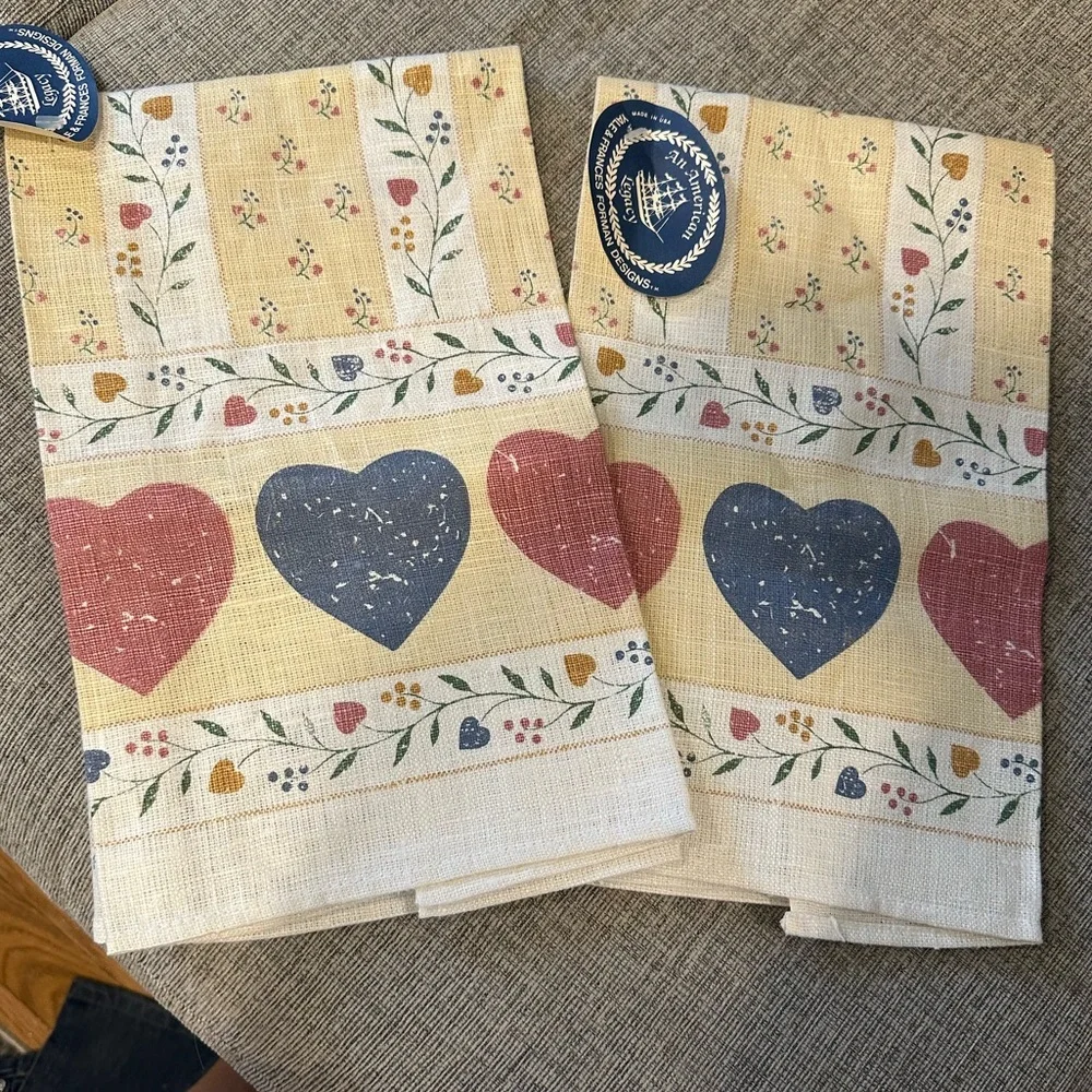 Vintage linen kitchen tea towel Yale & Frances Forman Designs blue/pink hearts