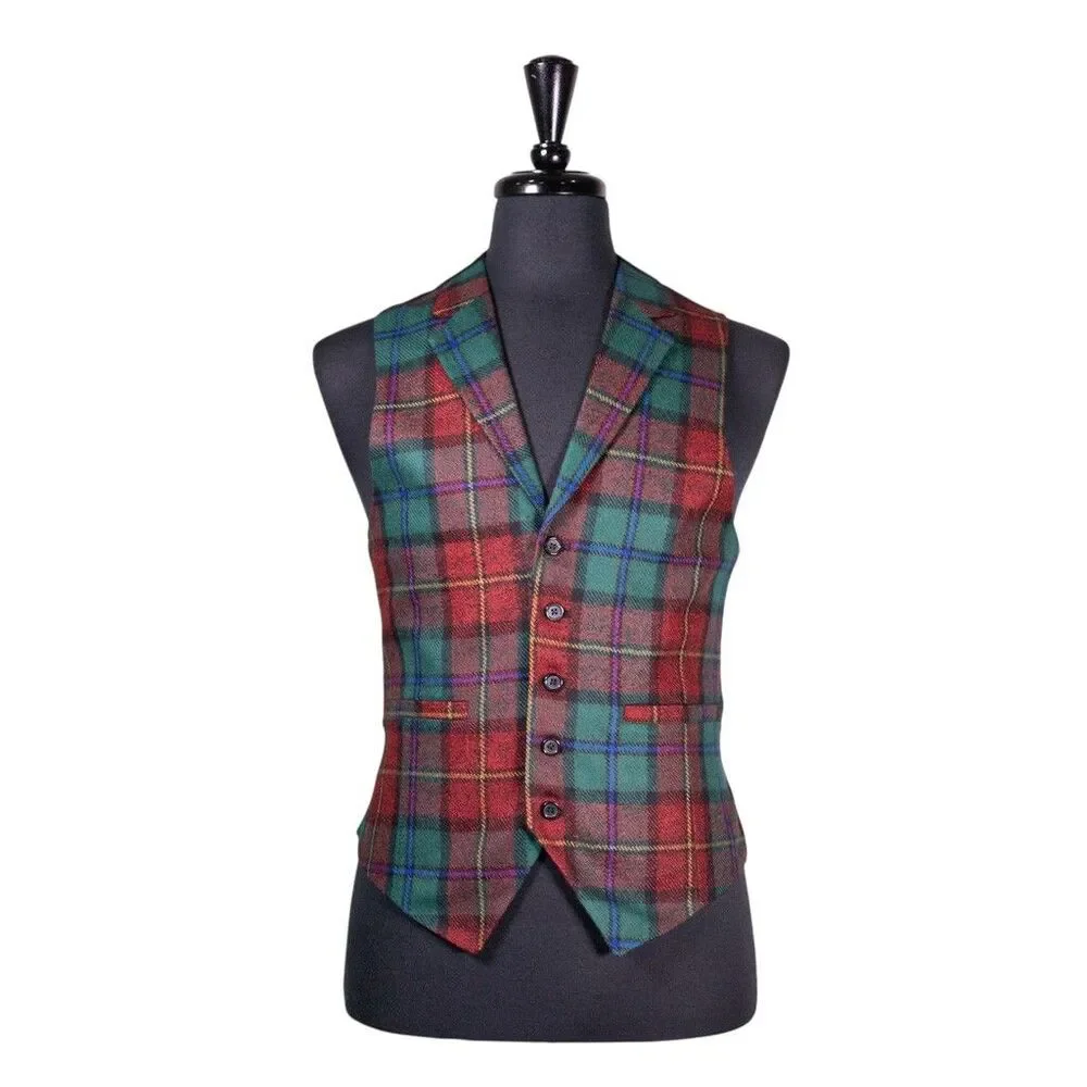 Mens Vest 40R Wool Tartan Plaid Green Red Waistcoat Formal Wedding Groom Party