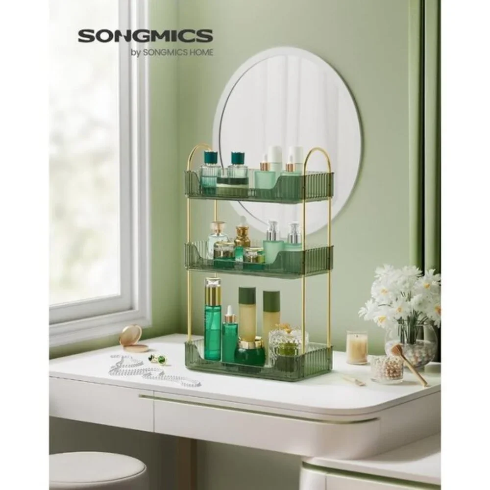 New 3-Tier Pale Green Makeup Organizer with Jewelry Holder for Vanity & Bathroom
