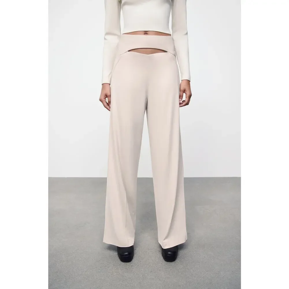 Zara Full Length Trousers with Cutout Opening in Ecru Off White