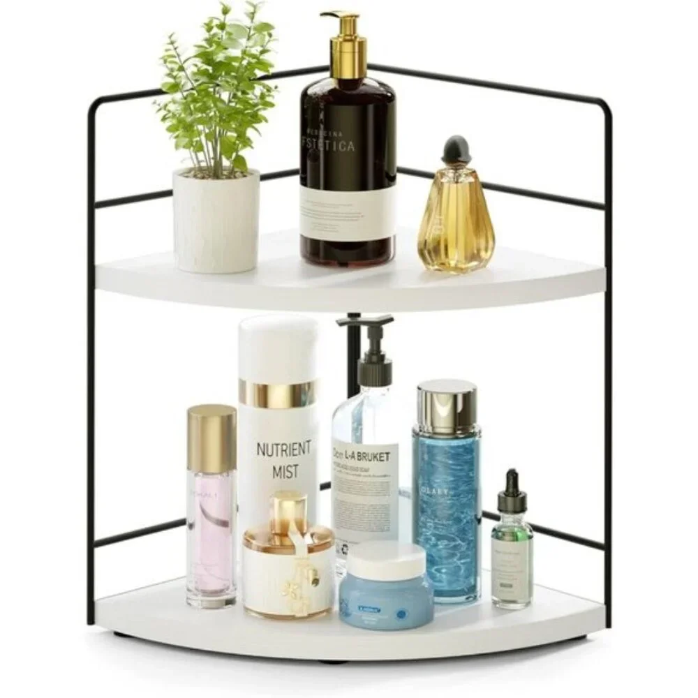 2-Tier White Bathroom Organizer, Corner Vanity & Skincare Storage for Countertop
