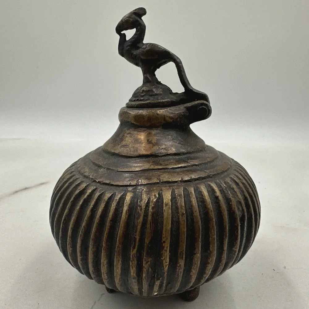 Antique Ink Well Indian Cast Bronze Mughal Footed w/ Peacock Lid & Fluted Sides