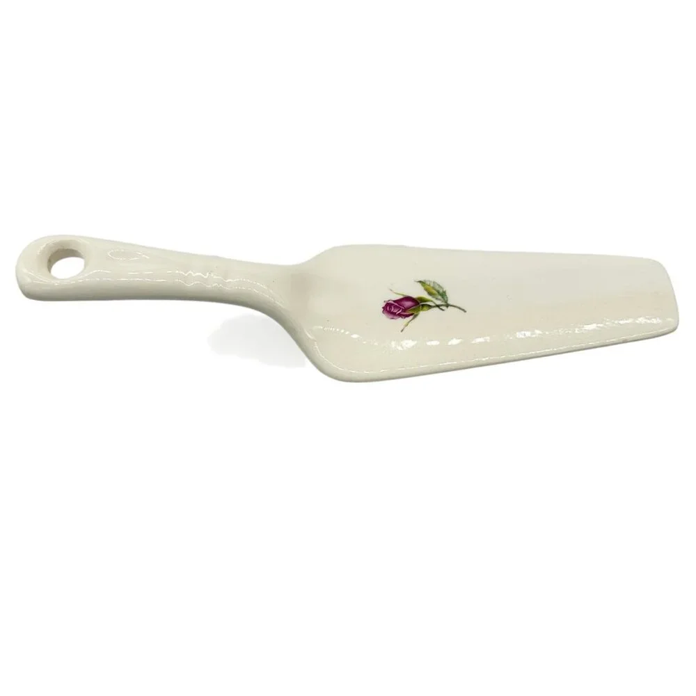Vintage White Ceramic Cake Server With Pink Rose Design 9 inches Long