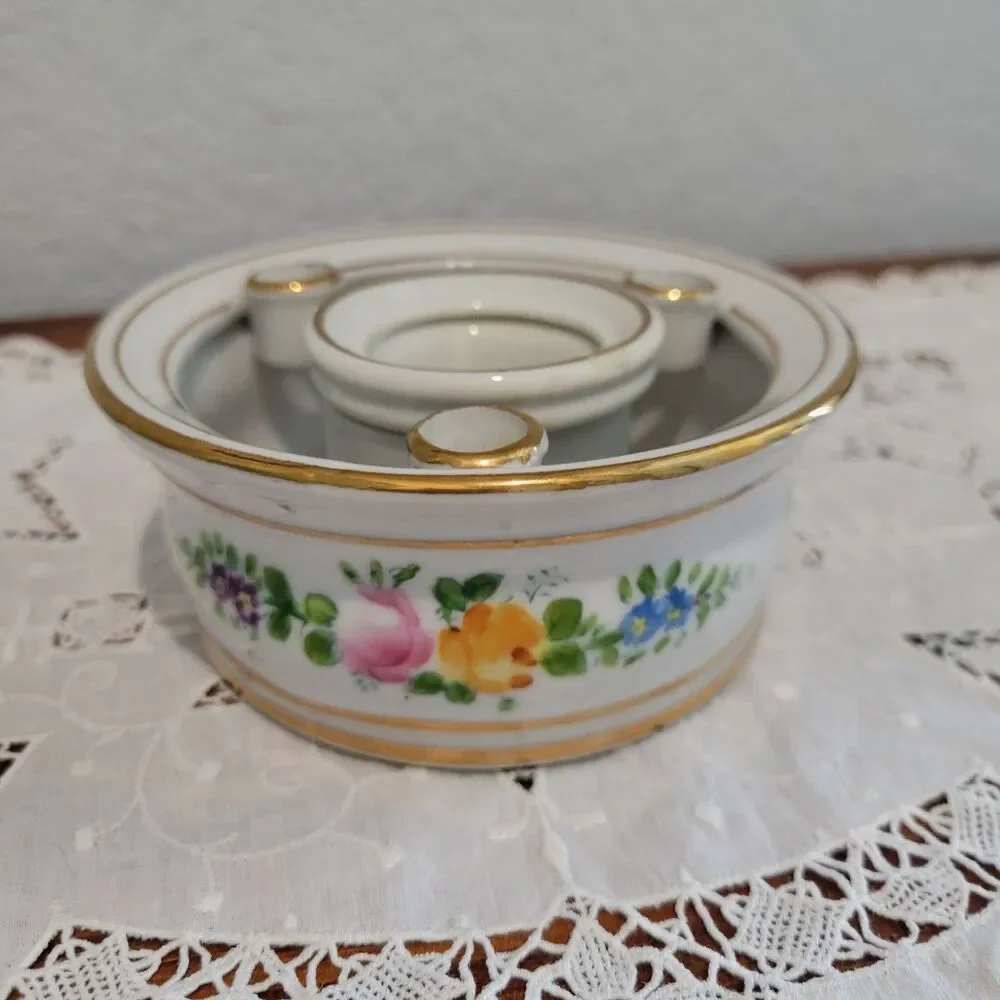 French Antique Porcelain Gilded 3 Quill Round Inkwell Jar Victorian Romantic