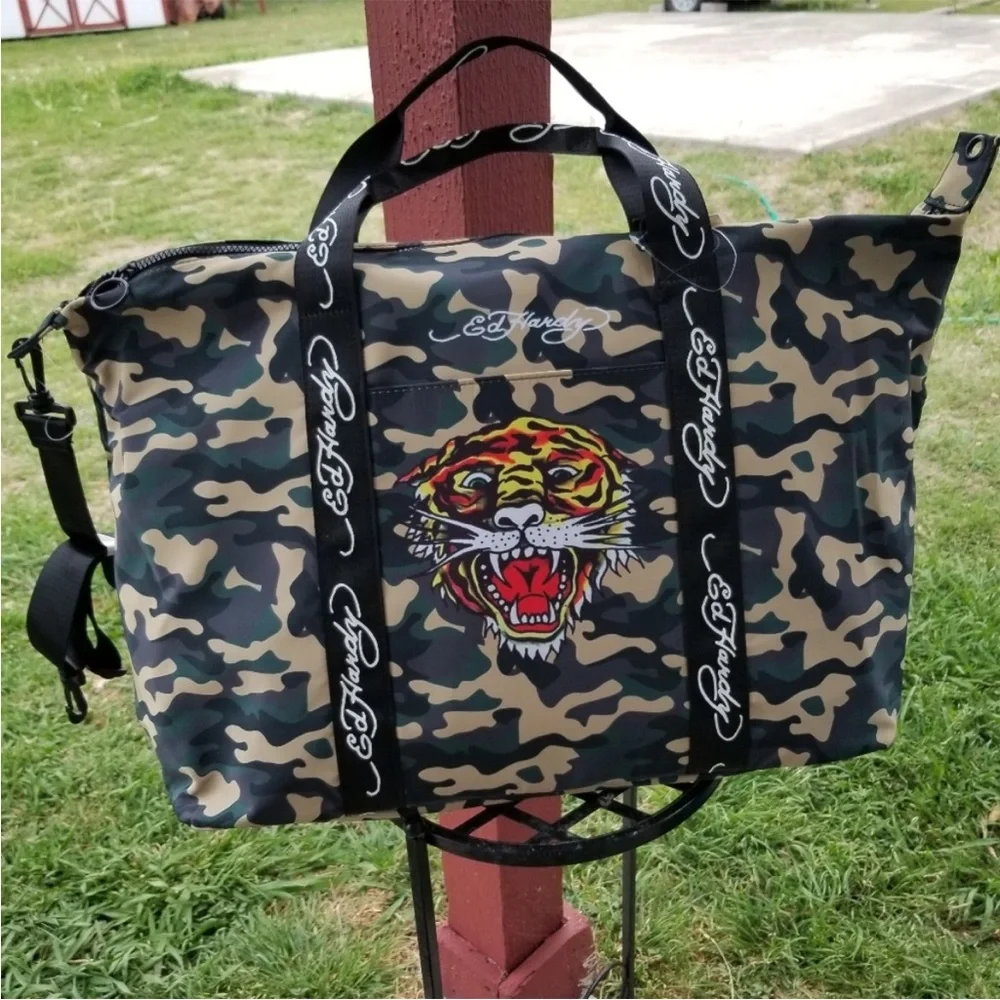 Ed Hardy camo Tiger gym travel unisex duffel bag NWOT
