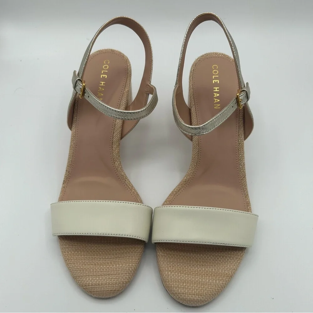 New Cole Haan Women’s Josie Block Heeled Sandal, Ivory/Soft Gold 9 B