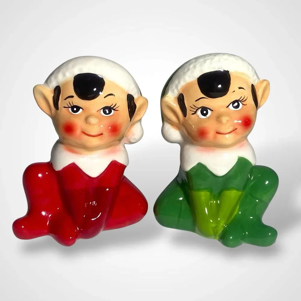 Vintage Christmas Elf Salt and Pepper Shakers Red Green Ceramic Figurines Decor