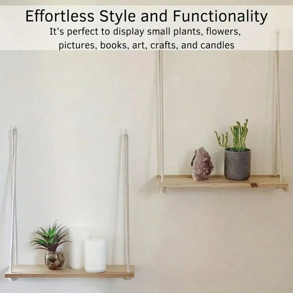 NWT Wooden Wall Shelf with Rope (Pack of 2)