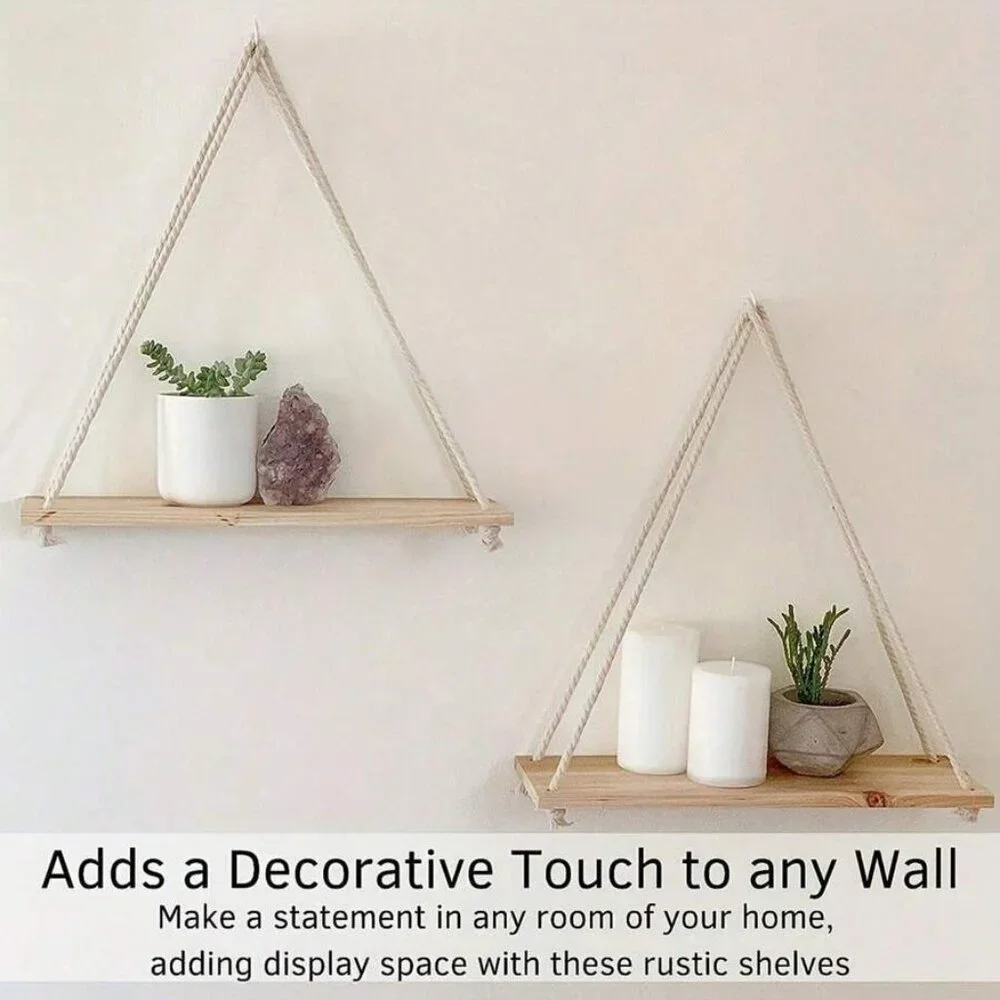 NWT Wooden Wall Shelf with Rope (Pack of 2)