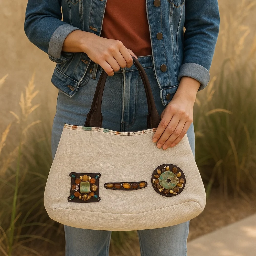 Nine West Boho Beaded Linen Tote Shoulder Bag with Gemstone Accents