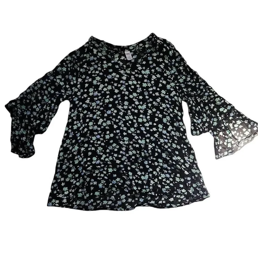 Justice Girls Size 18 Black Blue Floral Ruffle Sleeve Blouse