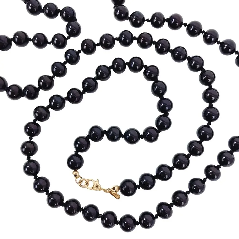 VTG Monet Signed Glossy Jet Black Glass Bead Necklace 70s Long Opera Strand
