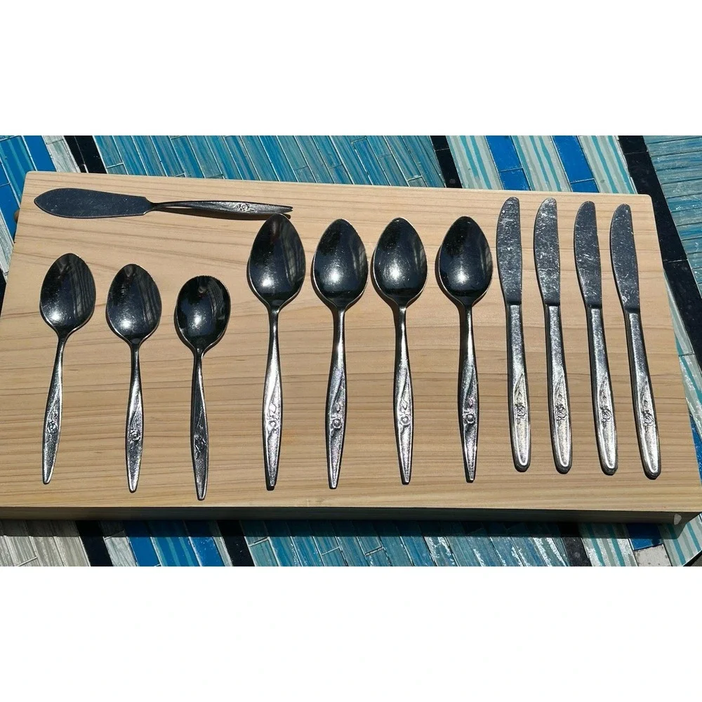 12 Pc  Lot Utica Satin Rose Knives, Spoons‎ Stainless Japan