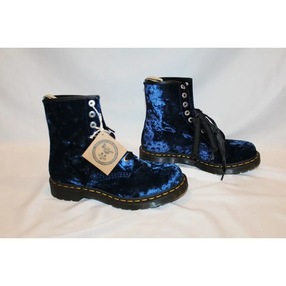 DR. MARTENS Women's‎ Airwair Vegan 1460 Blue Velvet Crushed Velvet Boots NEW
