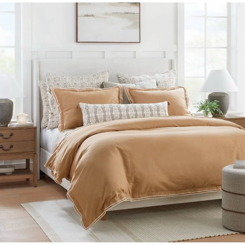 Queen Double Flange Merrow Stitch Duvet Cover & Sham Set Camel/Off-White McGee