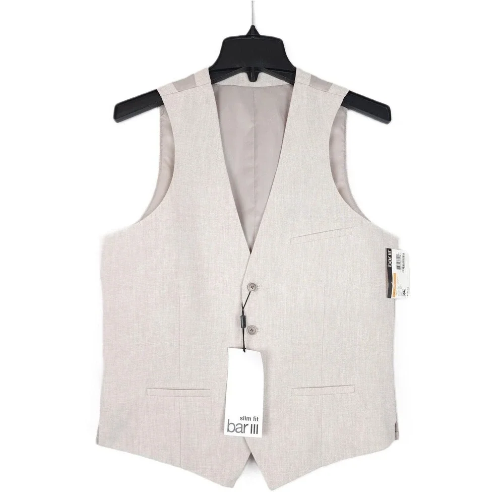 Bar III Mens Slim Fit Linen Suit Vest Sz Small Light Tan Solid NWT