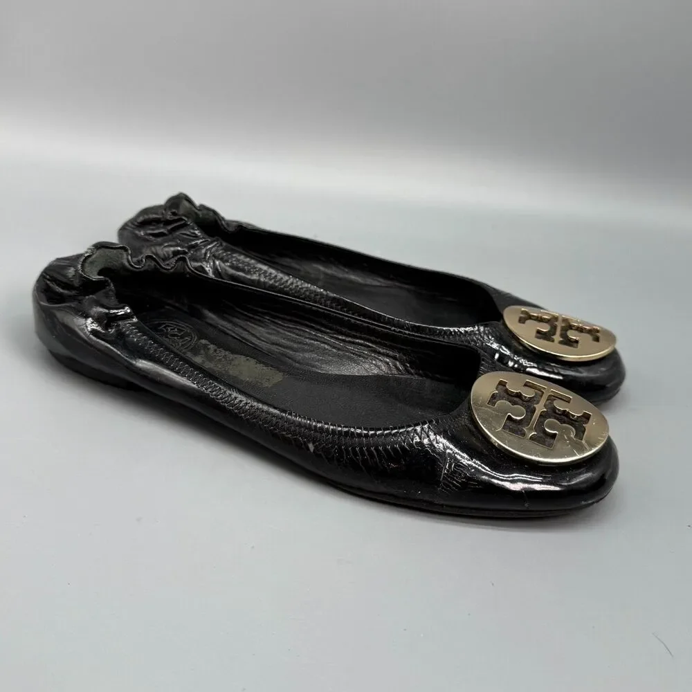 Tory Burch Reva Women's 6.5 Black Leather Ballet Flats Slip-On Round Toe Comfort