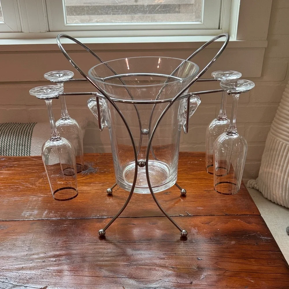 Vintage Glass Godinger Champs Ice Bucket and 4 Silver Rimed Champ Glasses