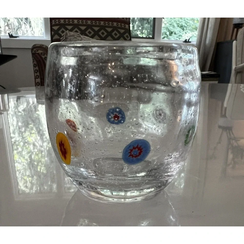 Crate & Barrel Millefiori Votive Candle Holder Blown‎ Bubble Glass Zazz 2.5