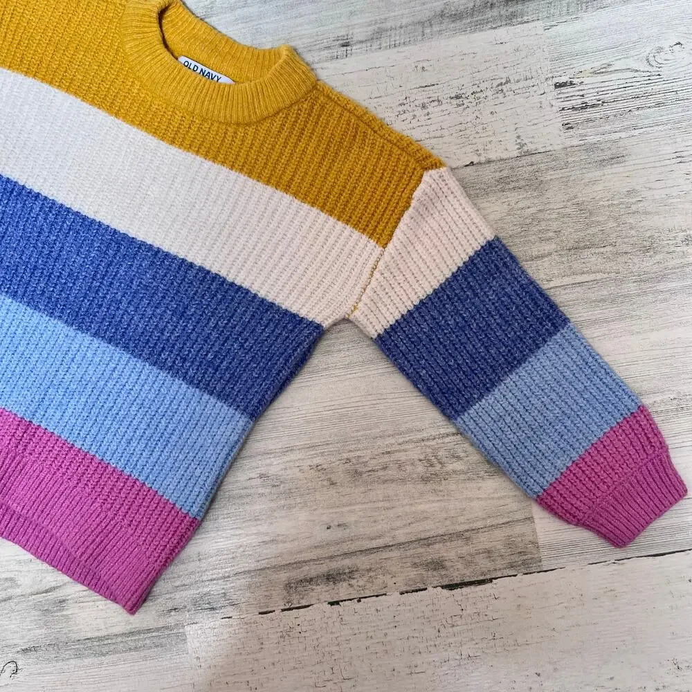 Old Navy Girls Sweater 4T Multi Colorblock Stripe Thick Knit Crewneck Pullover