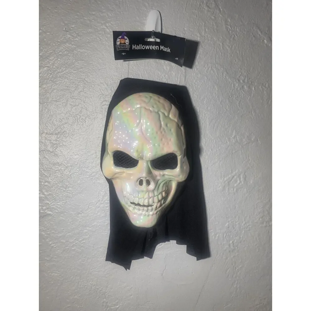 Halloween White Iridescent Skull Mask with Hood -Adult NWT