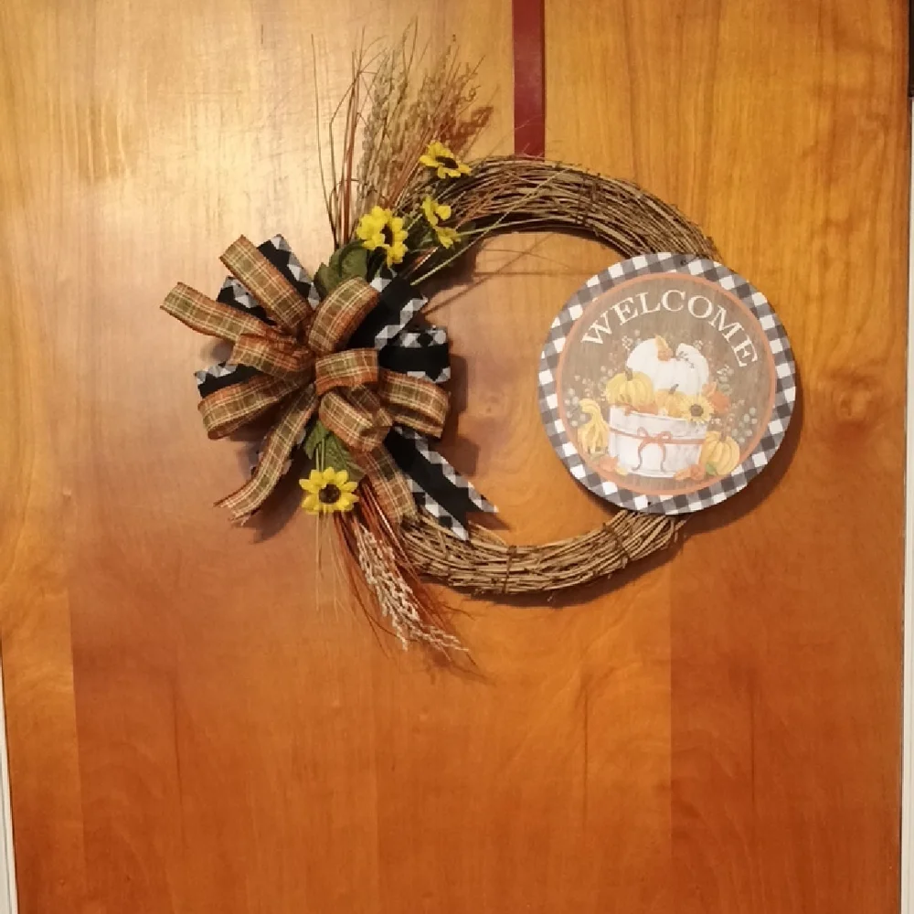 Rustic Welcome Wreath with Plaid Bow and Sunflowers