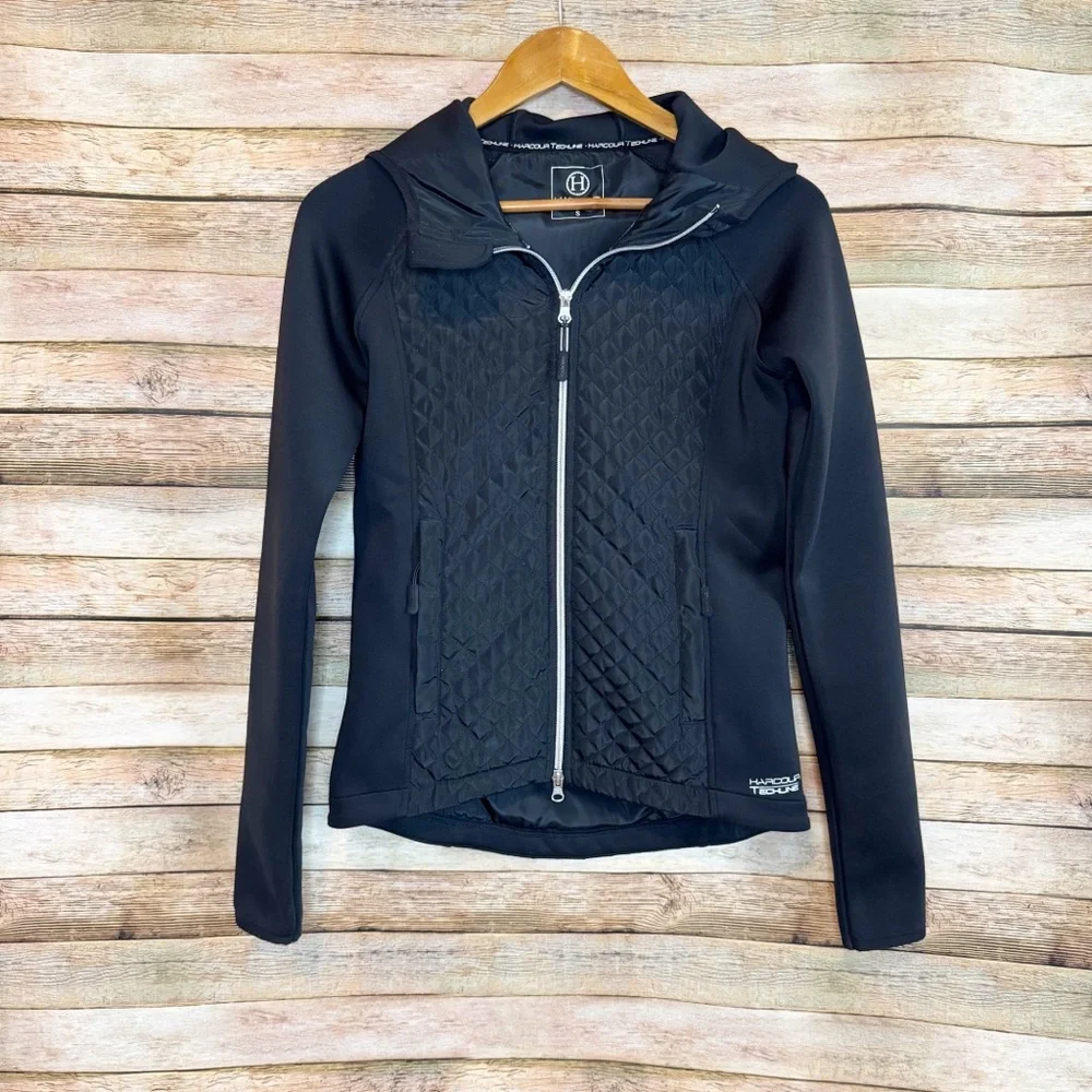 Harcour Techline Equestrian Black Quilted Hooded Zip Up Jacket Size Small