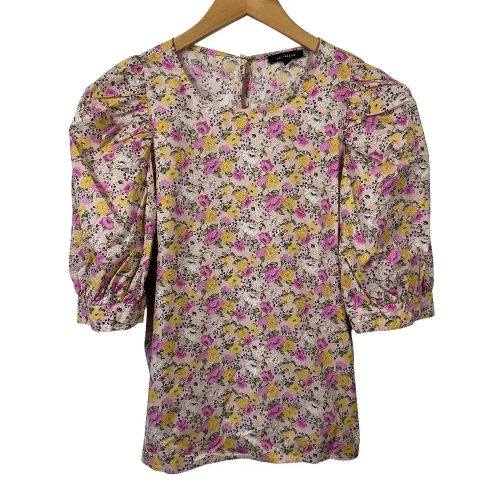 En Saison Top Women M Pink Floral Puff Sleeve 100% Cotton Spring Modest Cottage