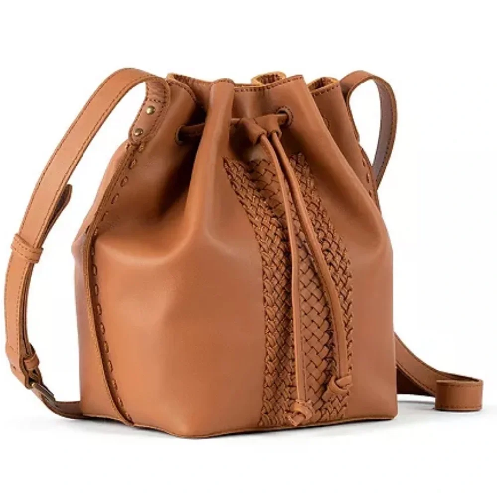 The Sak MSRP $159 Ivy Crochet Leather Bucket Bag in Tobacco Vachetta Purse