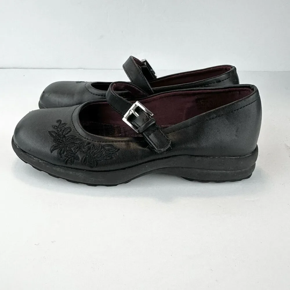 Self Esteem Black Flats Floral Design with Strap Burgundy Girls Sz 12.5M