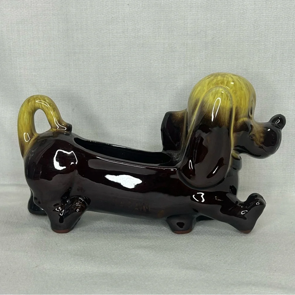 Vintage Dachshund RedWare Planter Dresser Caddy Weiner Dog 8”x5” Pottery