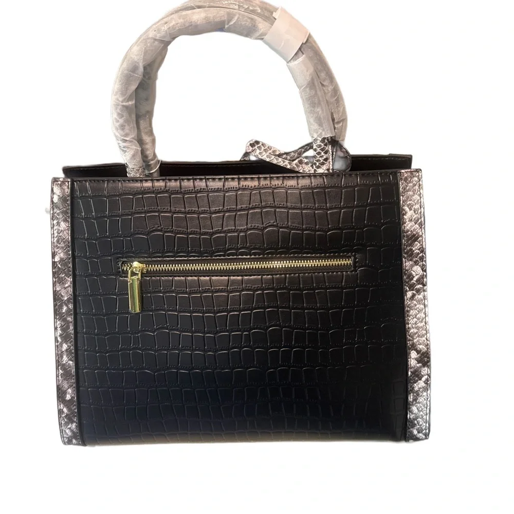 Black and Silver Snake Skin Print Vegan Leather Croc-Embossed Satchel