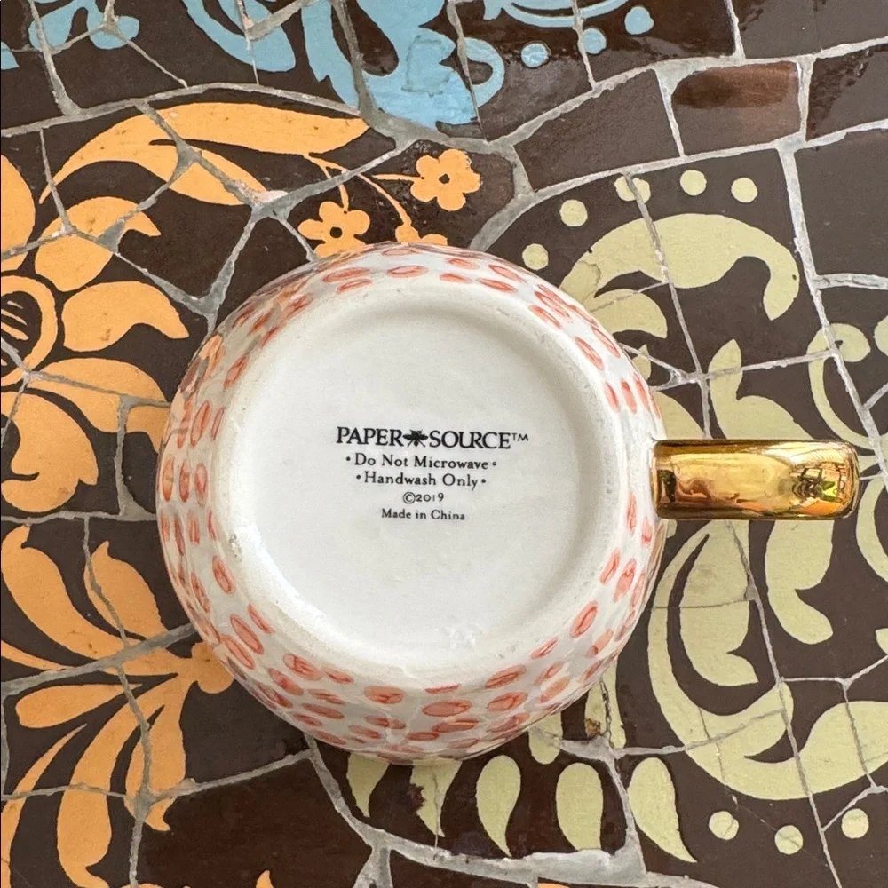 PAPER SOURCE CERAMIC Polka Dot Teacup with Gold Handle.