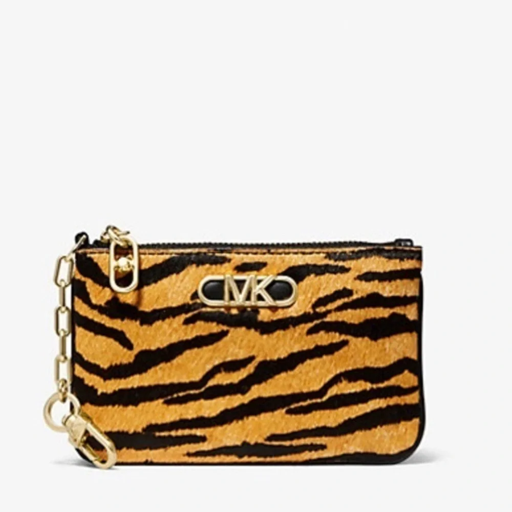 NWT Michael Kors Parker Small Tiger Print Calf Hair Zip Card Case