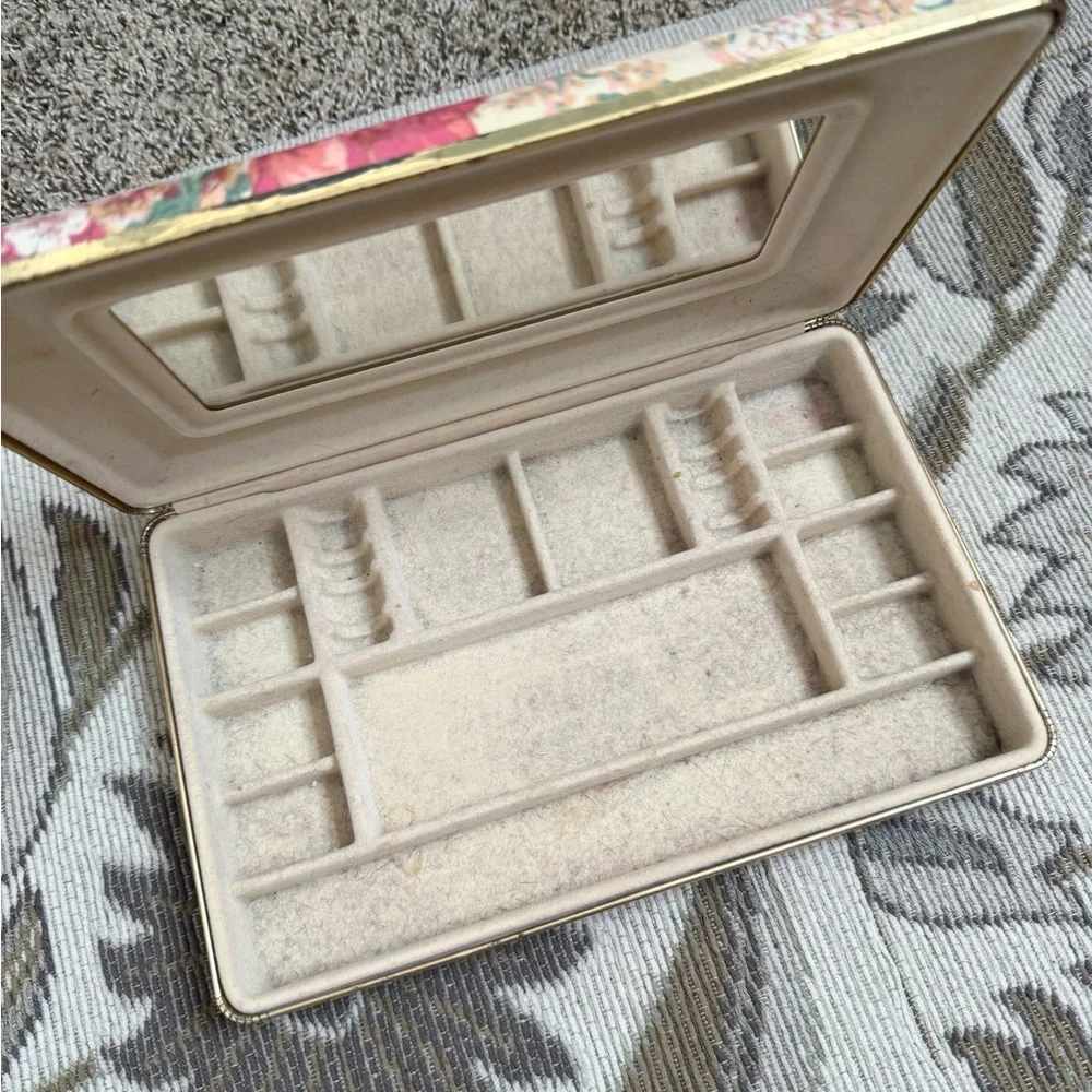 Vintage Jewelry Box Travel Hard Sided Hard Shell Pink Floral Fabric Case