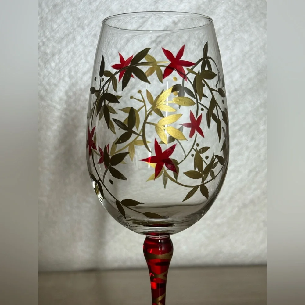 Pier 1 Hand Painted Floral Designs Gold Leaf Glass Water Goblet Set of 7 Glasses