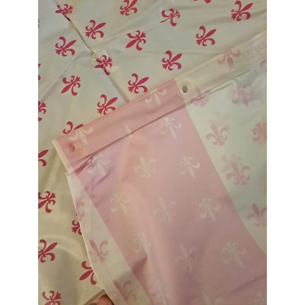 Vintage Vinyl Shower Curtain Fleur De Lis Pink White NEW NOS Retro Berkeley